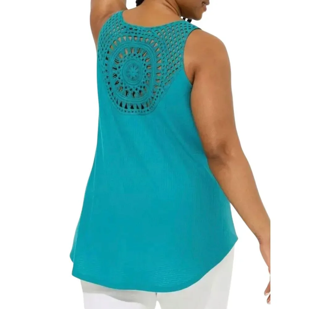 Torrid Textured Jersey V-Neck Crochet Swing Tank Top Biscay Bay Blue Size 2 NWT - Picture 2 of 10